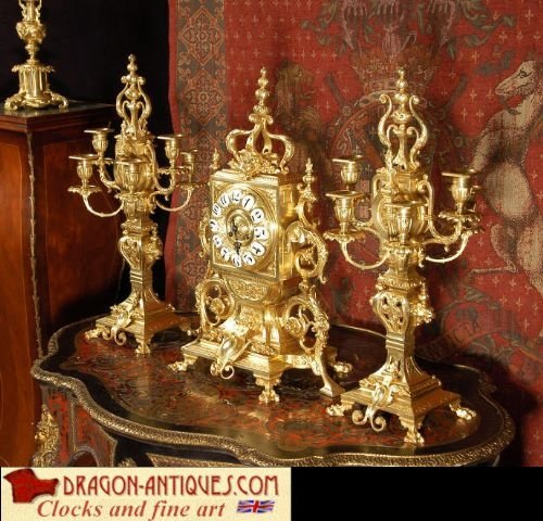 Large and Stunning Gilt Brass Gothic Clock Set with Dragons by Vincenti Et Cie.